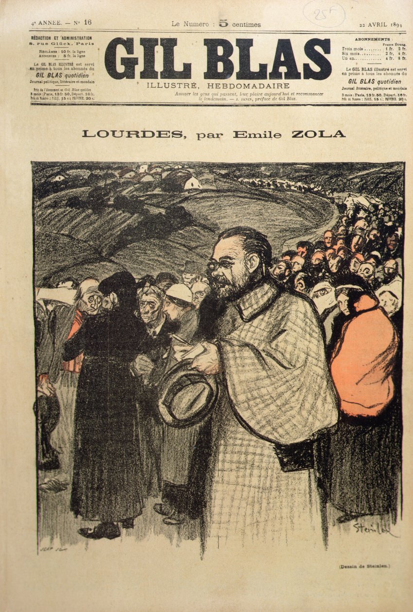 Przednia okładka „Gil Blas” zawierająca pierwszą część „Lourdes” Emila Zoli (1840-1902) 1894 (kolor litho) autorstwa Théophile Alexandre Steinlen