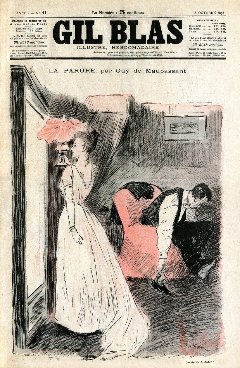 Ilustracja Steinlena z opowiadania Guy de Maupassant „” Parure””. Madame Loisel patrzy na siebie w lustrze, podczas gdy jej mąż zdejmuje buty. Odkrywa, że zgubiła naszyjnik (diamentowa rzeka) pożyczony jej przez jej przyjaciółkę Madame Fores autorstwa Théophile Alexandre Steinlen