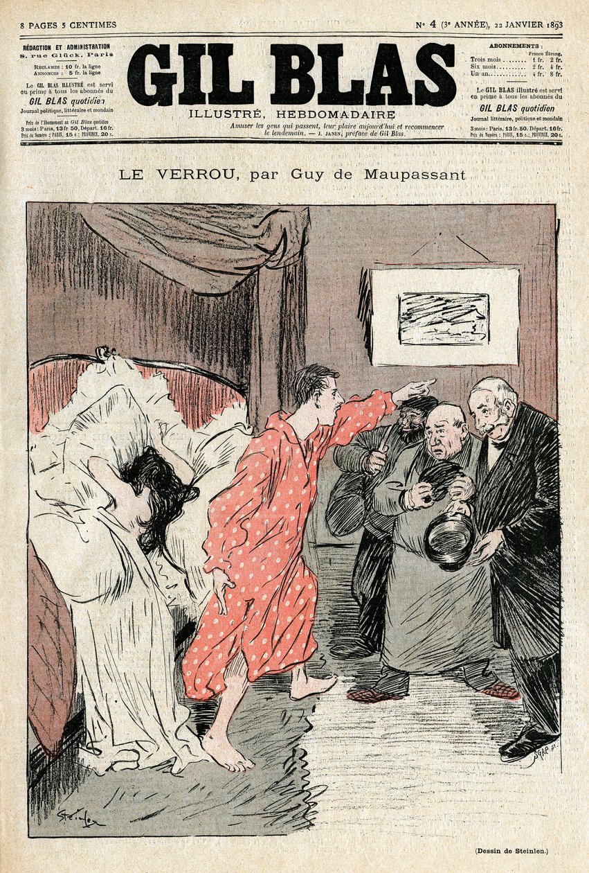 Ilustracja Steinlena z opowiadania Guya de Maupassanta „”Zamek”””. Nielegalna para złapana w pełnych odpływach miłości - Adultere, niespodzianka. Okładka Gil Blas No. 4, 22 stycznia autorstwa Théophile Alexandre Steinlen
