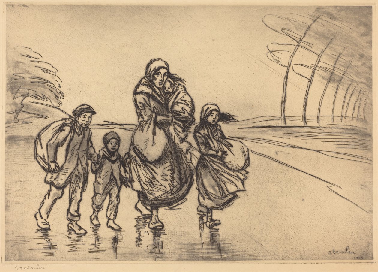 W deszczu: Matka i dzieci (Sous la pluie: La mère et les enfants) autorstwa Théophile Alexandre Steinlen
