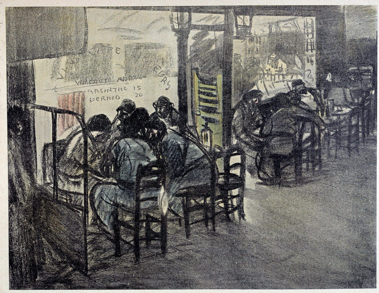 Na tarasie kawiarni (Na gablocie jest napisane „Absinthe 15”, „Pernod 20””) Rysunek: Theophile Alexandre Steinlen (1859-1923) XX-wieczny Paryż, Musee Carnavalet autorstwa Théophile Alexandre Steinlen