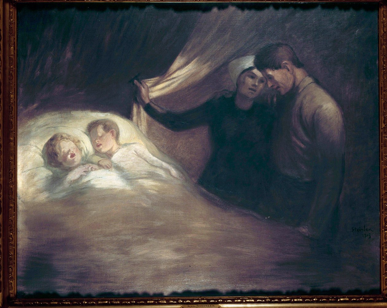 Biedni ludzie Para rodziców w skromnych warunkach szepcze obserwując śpiące dzieci. Obraz Teofila Alexandre Steinlena (1859-1923). 1903 Paryż, dom Victor Hugo autorstwa Théophile Alexandre Steinlen