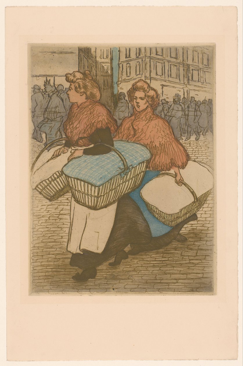 Dwie praczki z koszami na ulicy autorstwa Théophile Alexandre Steinlen