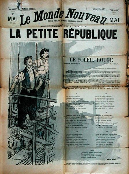 Dwóch robotników budowlanych śpiewających "Le Soleil Rouge", pierwsza strona okładki "La Petite Republique". autorstwa Théophile Alexandre Steinlen