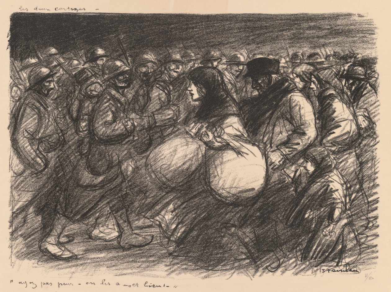 Szkice wojenne: Dwie procesje (Sketches de guerre: Les deux cortèges - "Ayez pas peur - on les a - et bien!") autorstwa Théophile Alexandre Steinlen
