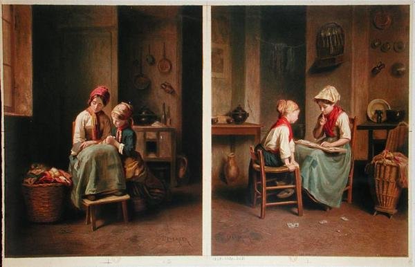 Lekcja i gra karciana, wydrukowane w 1858 r. (kolor lito) autorstwa Theophile Emmanuel (after) Duverger