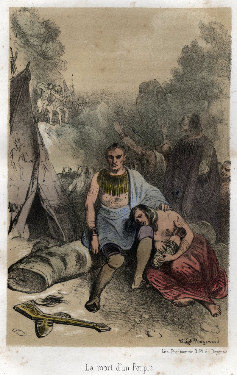 Masakry Huronów dokonane przez Irokezów w Kanadzie w 1763 r. (traktat paryski). Rycina z 1845 r. w „Dramatyczna i malownicza historia jezuitów od założenia zakonu do dnia dzisiejszego” autorstwa Adolphe