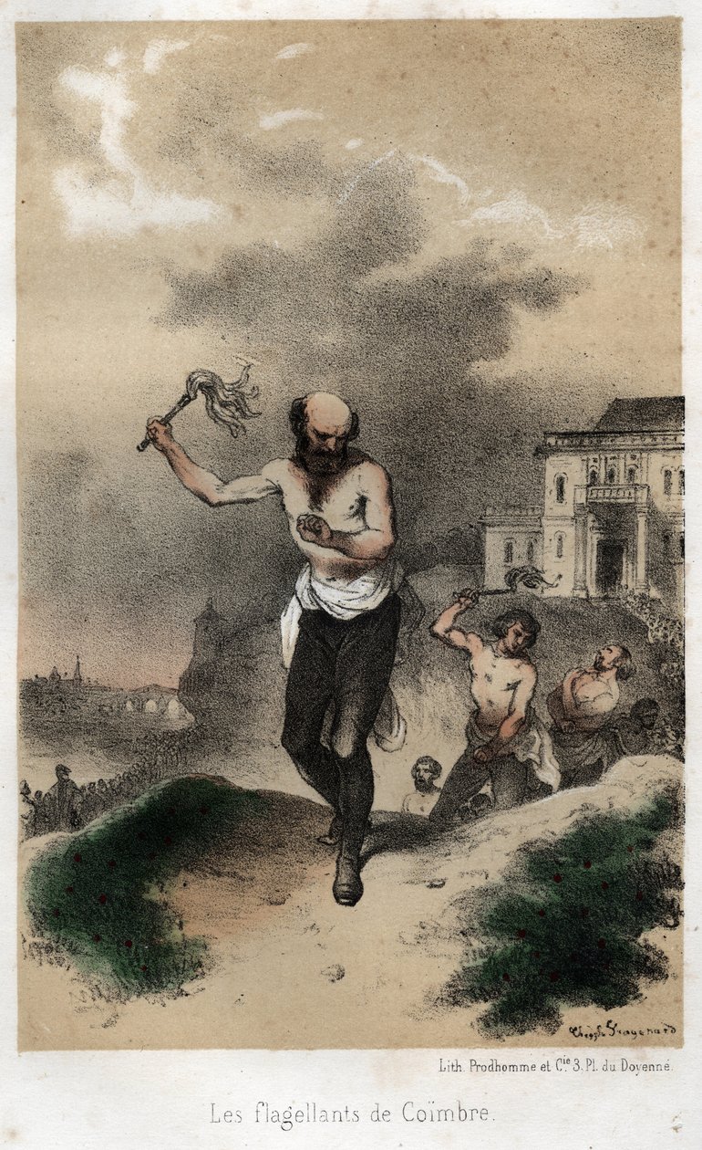 Biczownicy z Coimbry: jezuici z Coimbry w Portugalii odprawiają publiczną pokutę za swój grzech biczując ok. 1560 r. Rycina z 1845 r. w „” Dramatyczna i malownicza historia jezuitów od założenia zakonu do dnia dzisiejszego autorstwa Theophile Evariste Fragonard