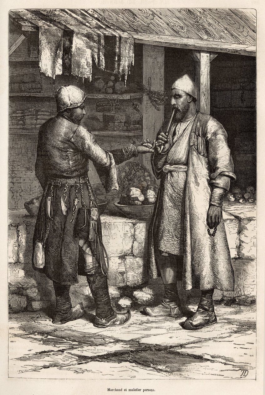 Perski kupiec i muł we wsi Armenii, rycina według rysunku autora, ilustrującego podróż po Lazistanie i Armenii, autorstwa Teofila Deyrollesa, 1869, opublikowana w „Le tour du monde” 1875, pod redakcją Edouarda Charton, Hache autorstwa Theophile Louis Deyrolle