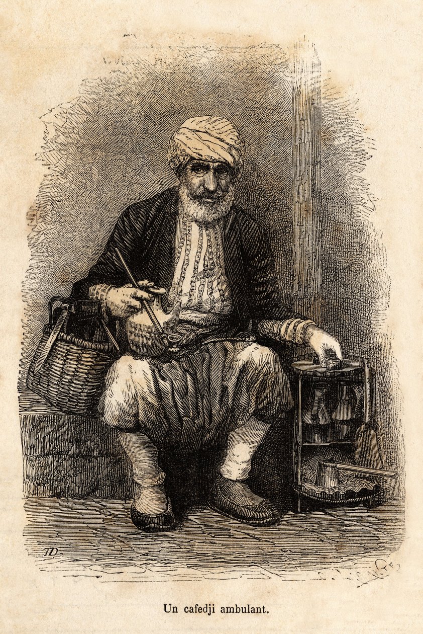 Sprzedawca kawiarni (cafedji) podróżujący po bazarze Trebizonde (dzisiejszy Trabzon, na wybrzeżu Morza Czarnego), grawer według rysunku narratora, ilustrujący podróż do Lazistanu i Armenii, z 1869 roku, autorstwa Theophile Deyrolle, opublikowany w „” Le to autorstwa Theophile Louis Deyrolle