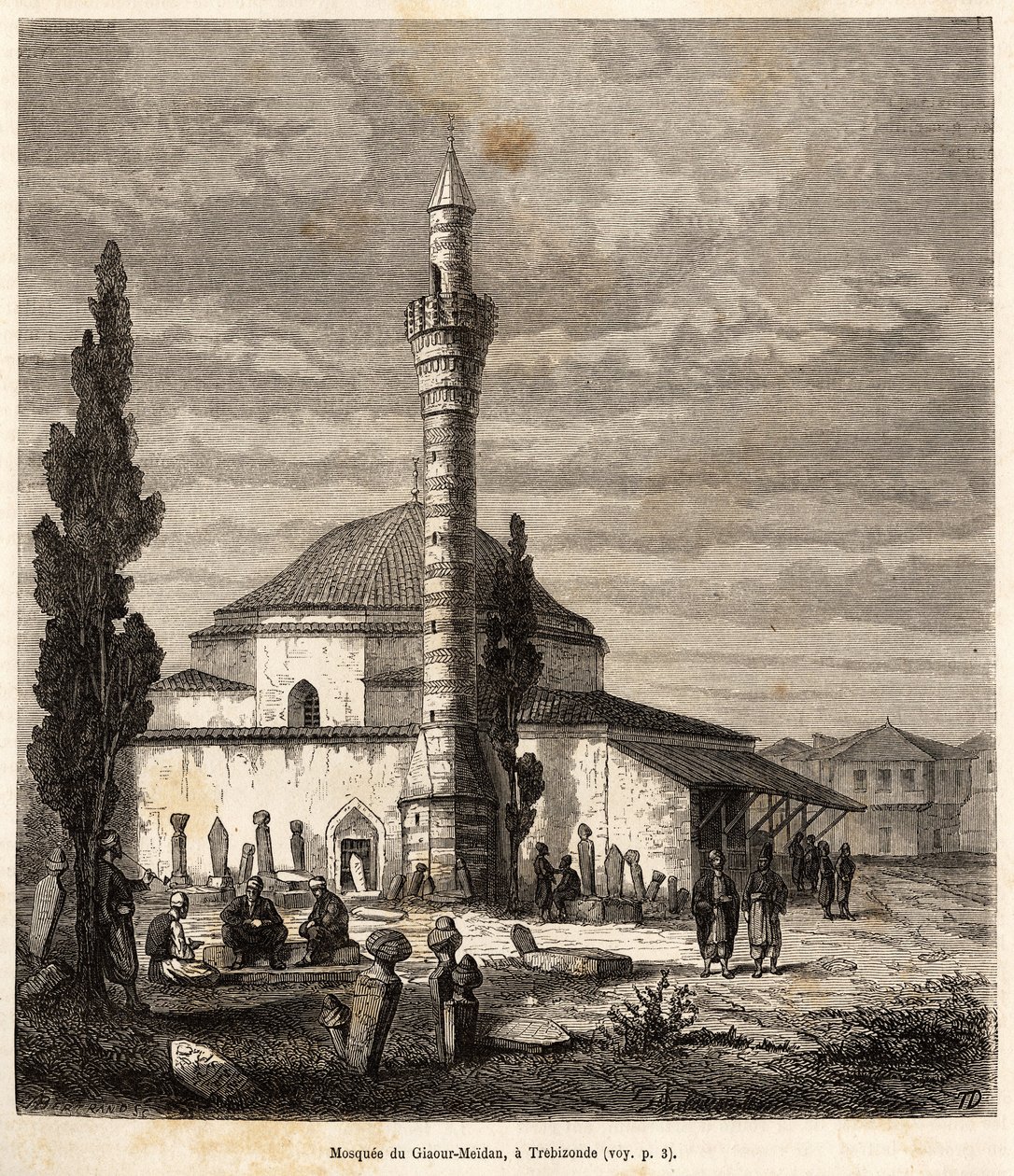 Meczet Giaour-Meidana (Giaour Meidan) w Trebizonde (dzisiejszy Trabzon, na wybrzeżu Morza Czarnego, Turcja), będący niegdyś kościołem bizantyjskim, wyryty według rysunku narratora, ilustrujący podróż do Lazistanu i Armenia, z 1869 r., autorstwa Theophile Louis Deyrolle