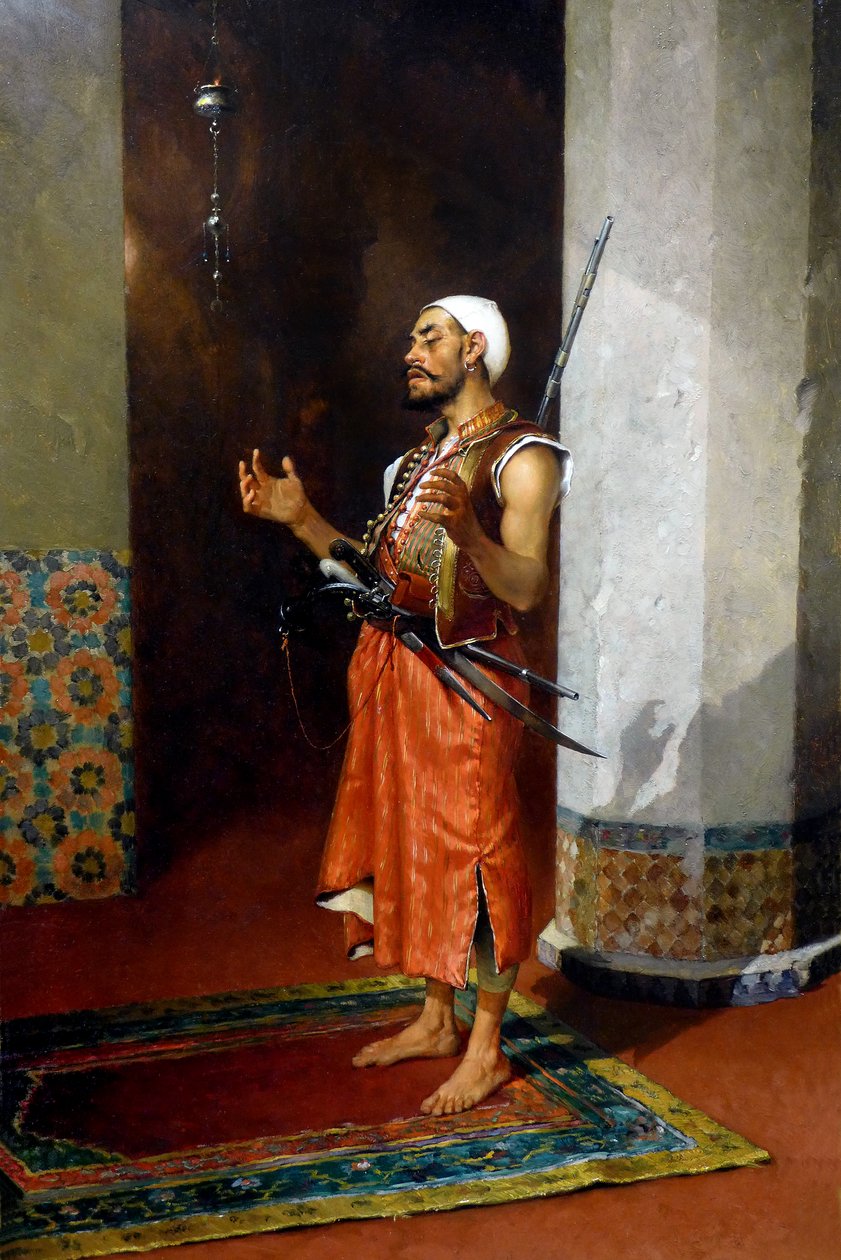 Modlący się turecki strażnik, koniec XIX-początek XX wieku (olej na płótnie) autorstwa Theophile Marie Francois Lybaert