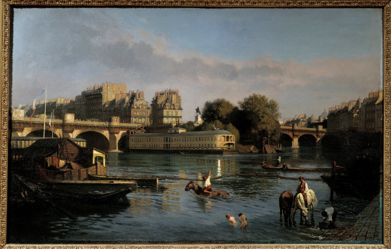 Nowy most i czubek Ile de la Cite. Widok na Paryż. Obraz Teofila Meuniera (1800-1884) autorstwa Théophile Meunier