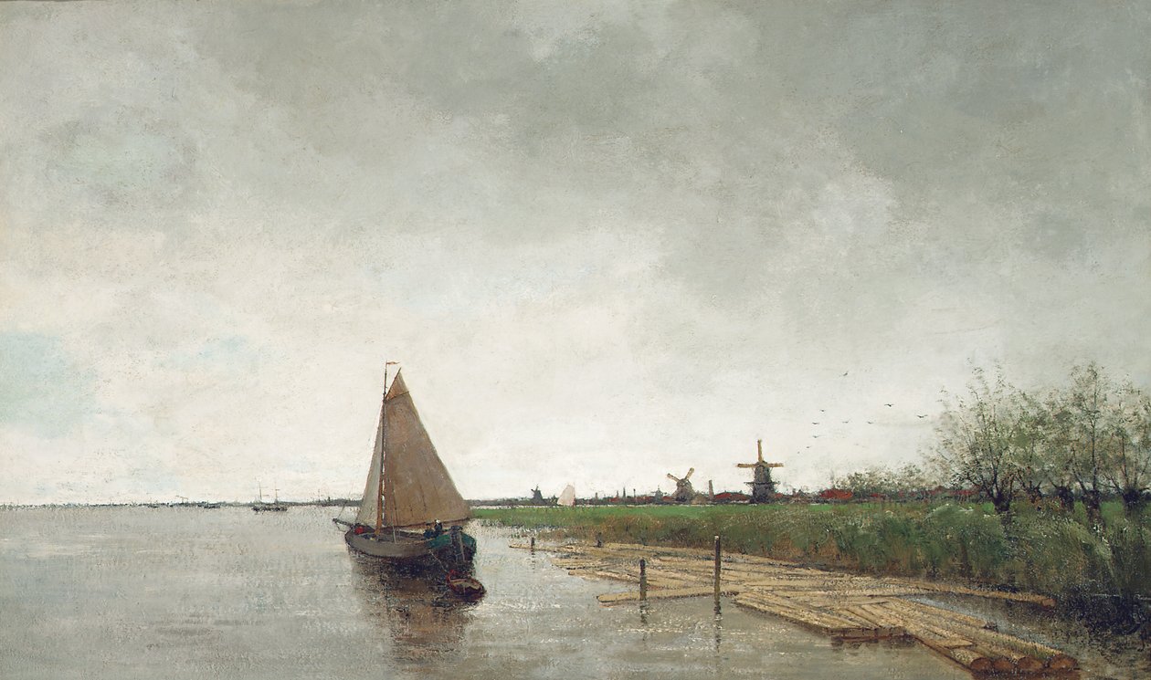 Pejzaż rzeczny z naczyniami, miasto za nimi (olej na płótnie) autorstwa Theophile de Bock