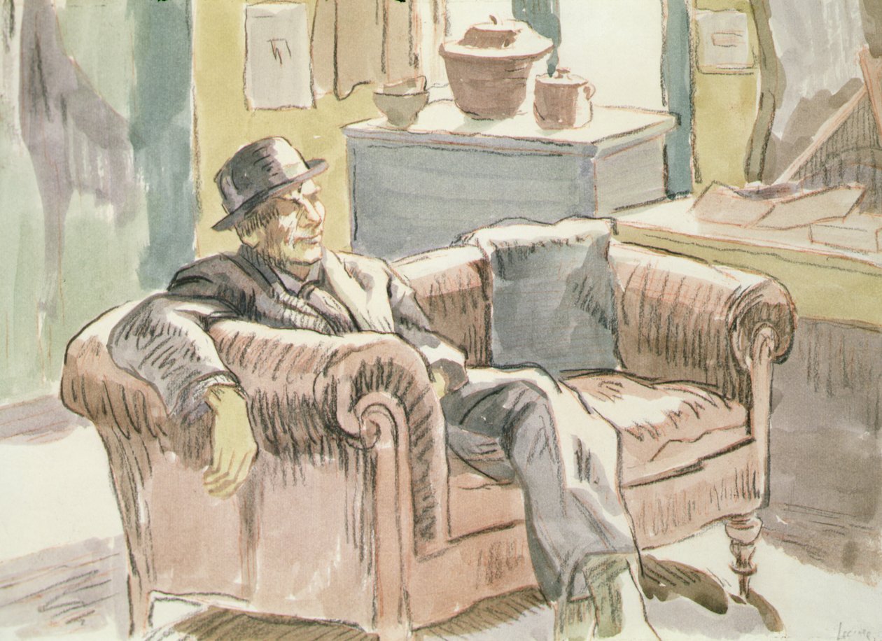 Walter Sickert siedzący na sofie, ok. 1927 (czarna kreda i akwarela na papierze) autorstwa Therese Lessore