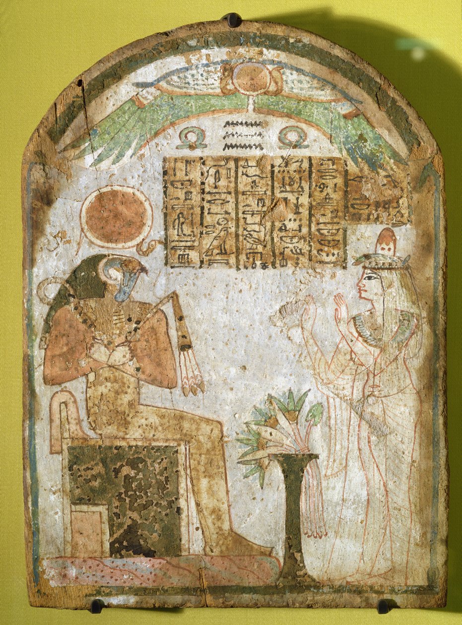 Stela przedstawiająca Tachenesa modlącego się przed bogiem Re-Horakhty, 900 pne (drewno malowane) autorstwa Third Intermediate Period Egyptian