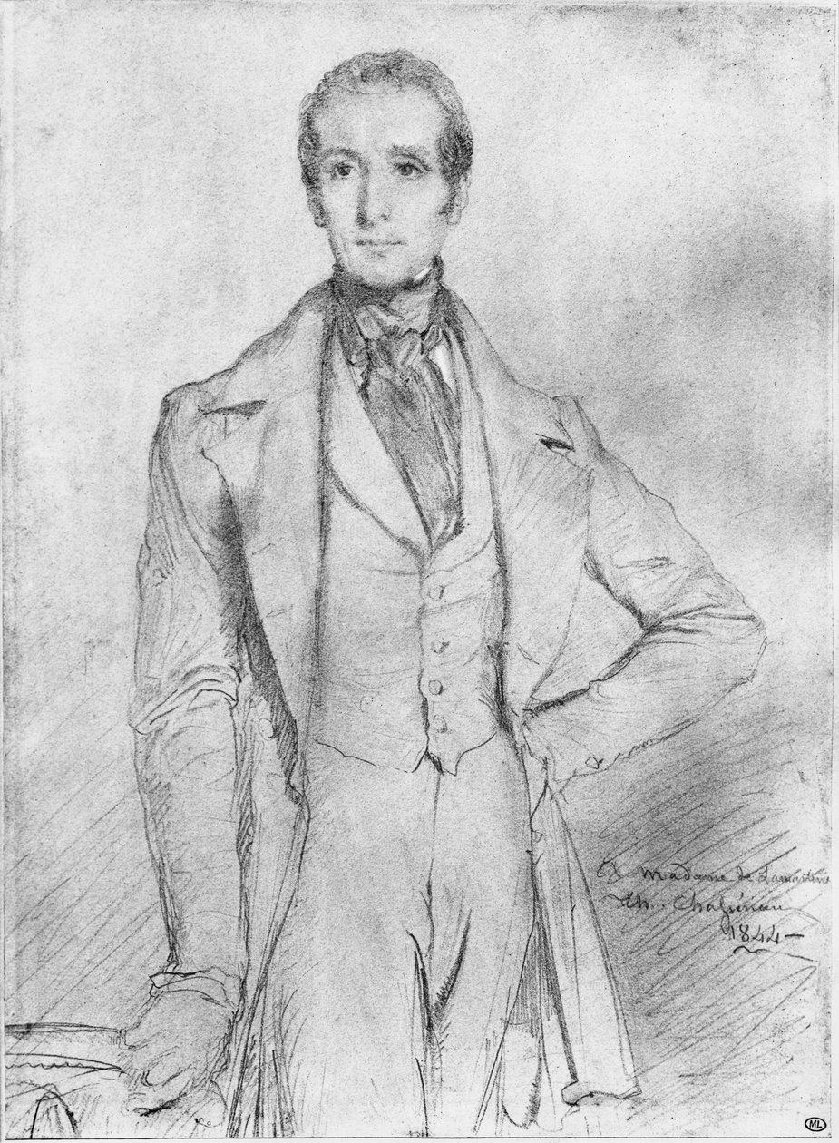 Portret Alphonse de Lamartine, 1844 (czarny ołów i białe refleksy na beżowym papierze) autorstwa Théodore Chassériau