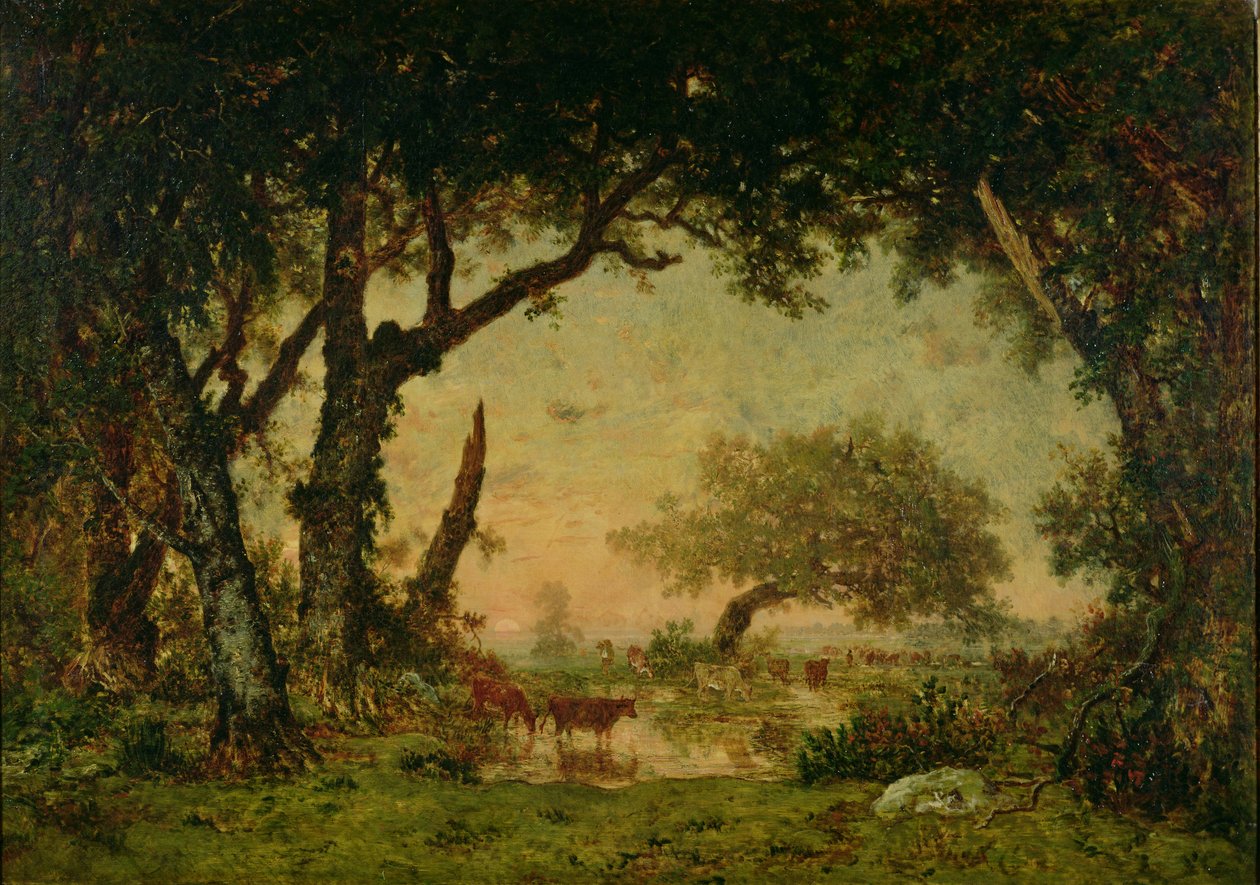 Skraj lasu w Fontainebleau, zachodzące słońce, 1850-51 autorstwa Pierre Etienne Theodore Rousseau