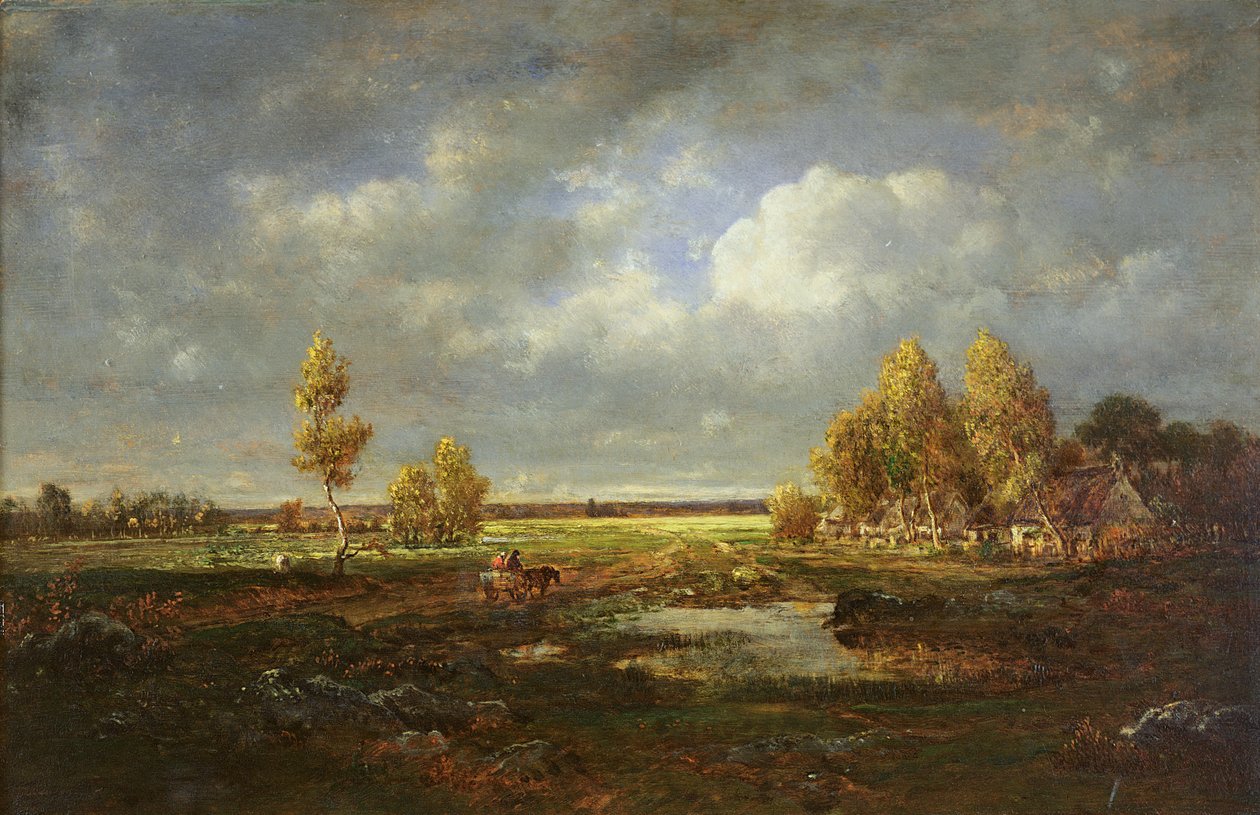 Staw przy drodze, Farma w Le Berry, ok.1845-48 (olej na drewnie) autorstwa Pierre Etienne Theodore Rousseau