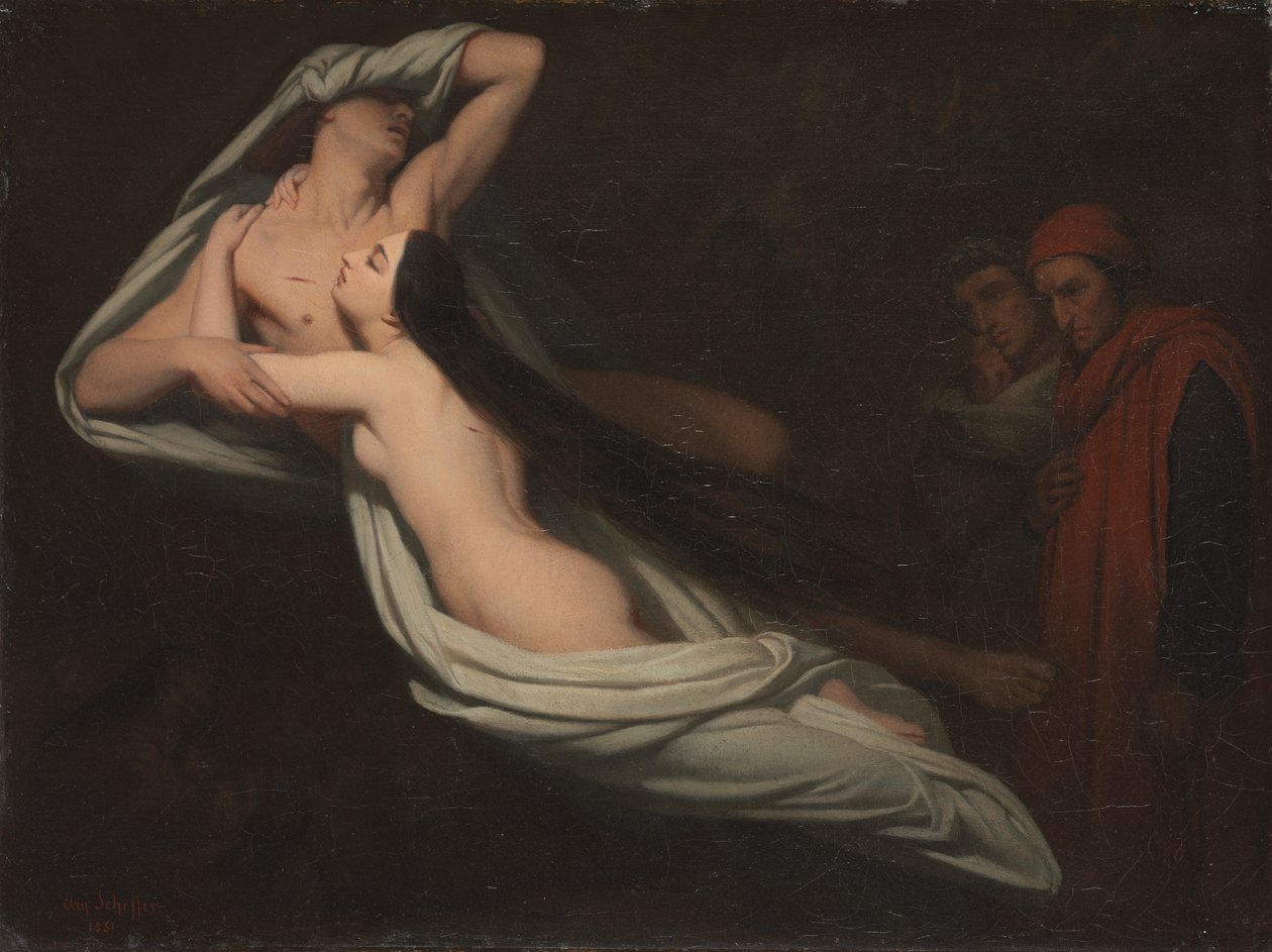 Dante i Virgil spotykają cienie Franceski da Rimini i Paolo autorstwa Théodore Caruelle d