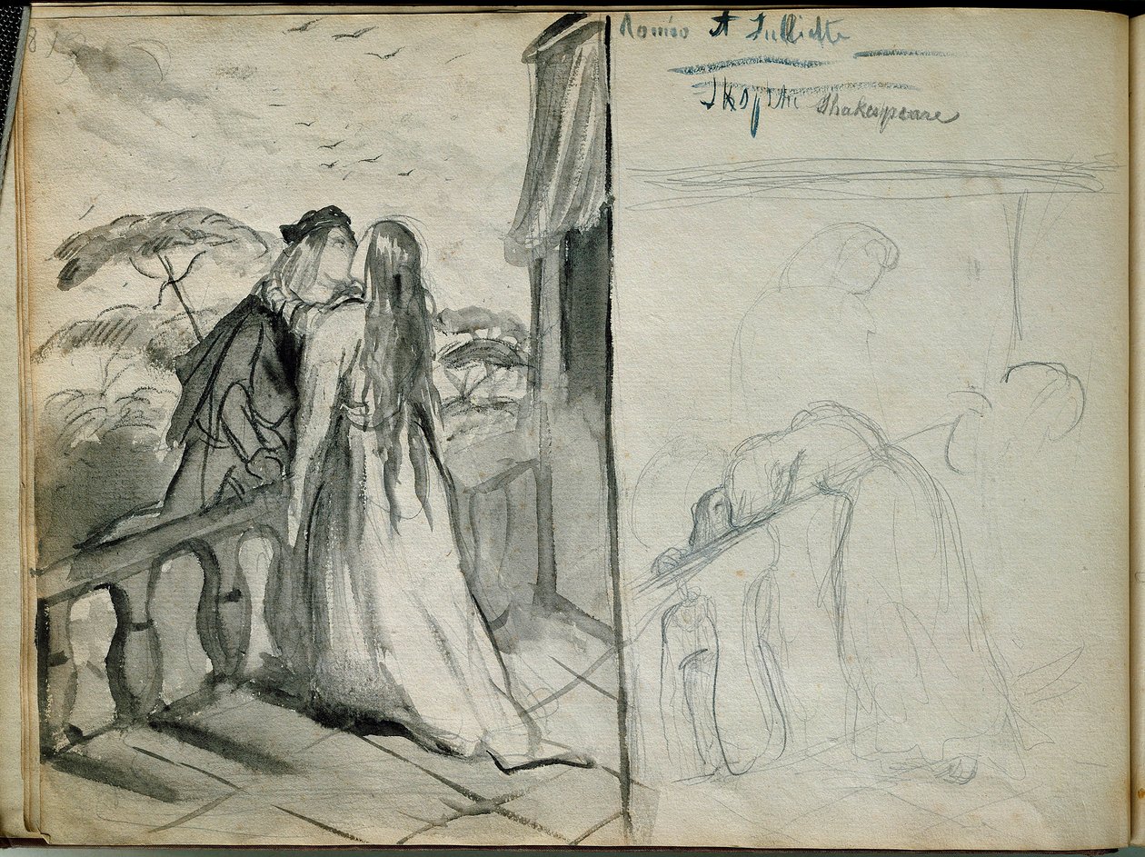 Les lovers Romeo et Juliet Ilustracja do utworu o tym samym tytule autorstwa Williama Szekspira (1564-1616) przedstawiającego kochanków całujących się na balkonie. Szkic Theodore Chasseriau (1819-1856) Paryż. Muzeum w Luwrze autorstwa Théodore Chassériau