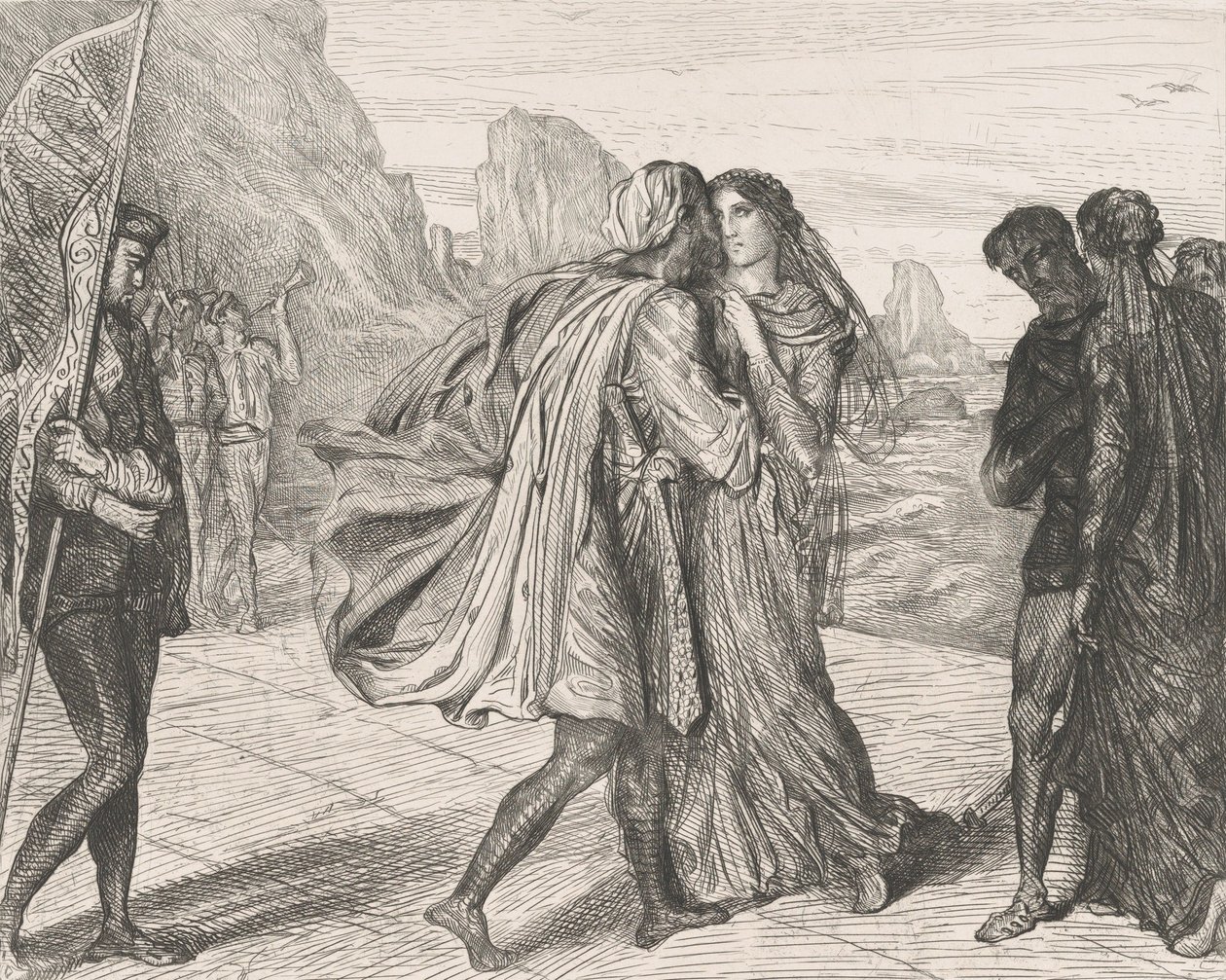 O mój piękny wojowniku!: płyta 5 z Otella Akt 2, scena 1, sztychowana 1844, przedruk 1900. autorstwa Théodore Chassériau