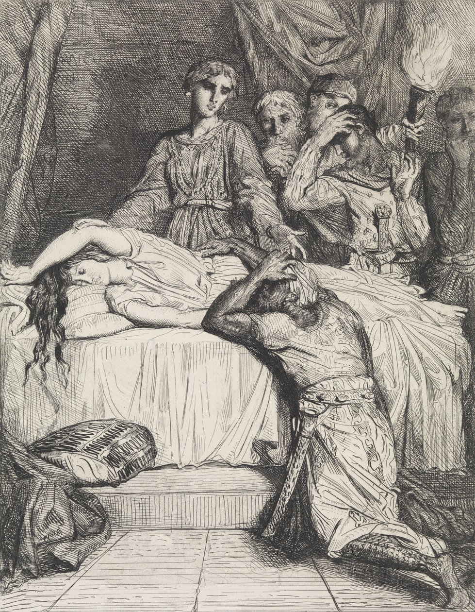 Oh! Oh! O!: tablica 14 z Otella Akt 5, scena 2, akwaforta 1844, r..., akwaforta 1844, przedruk 1900. autorstwa Théodore Chassériau