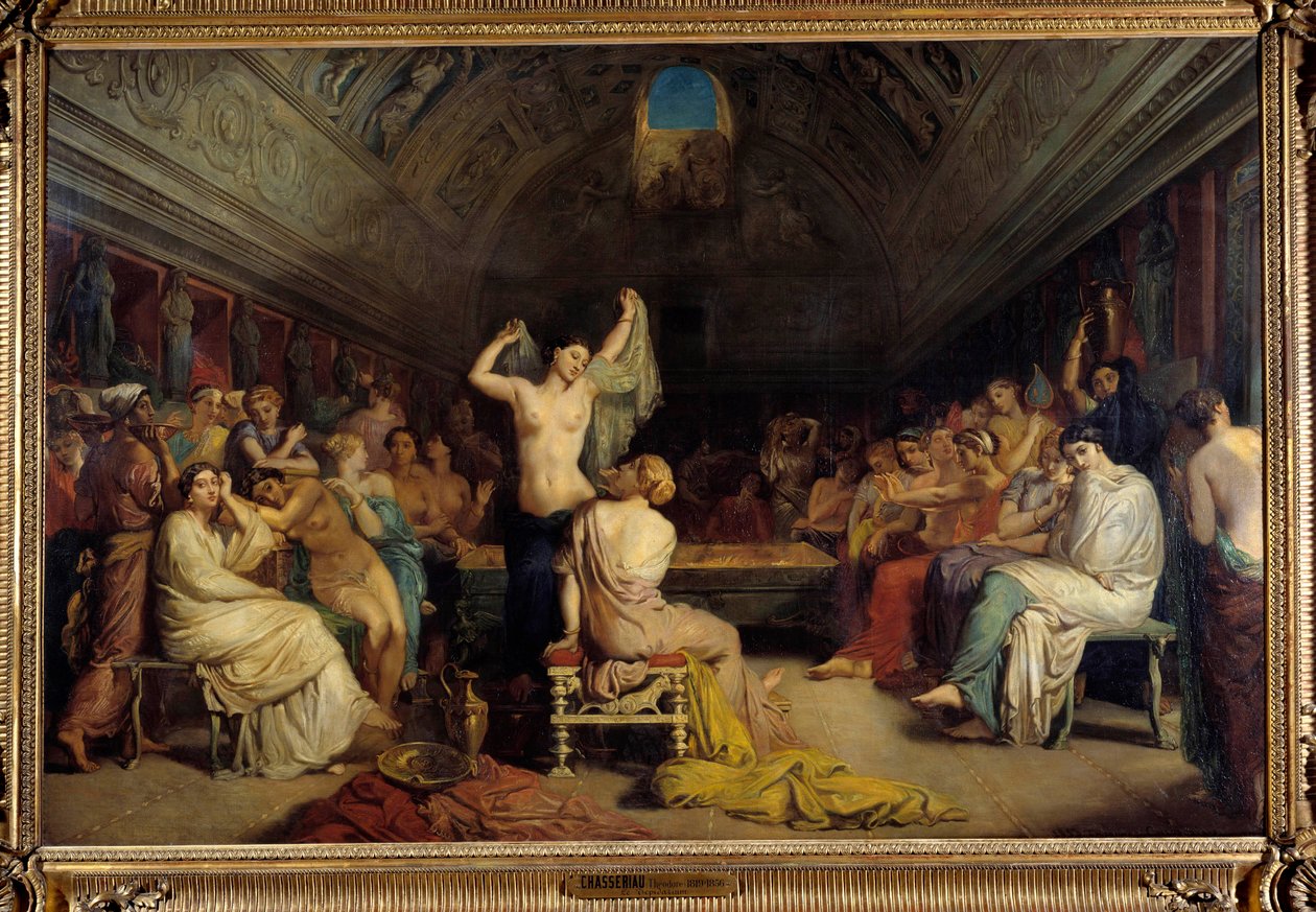 Tepidarium. Kobiety ponownie zjednoczyły się w części ciepłych kąpieli pod starożytnym Rzymem. Obraz Theodore Chasseriau (1819-1856). olej na płótnie autorstwa Théodore Chassériau