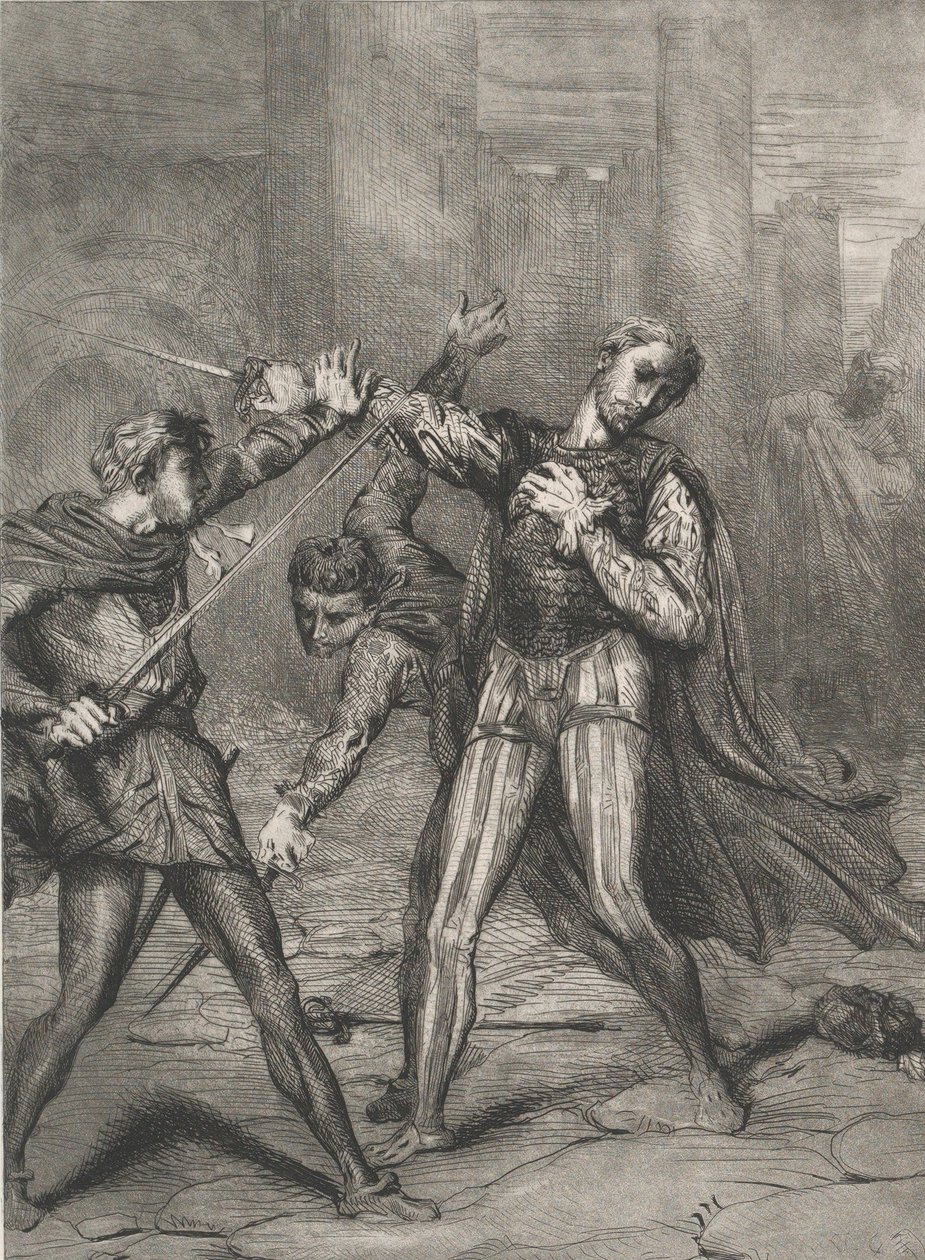 Złoczyńca, ty umrzesz: tablica 10 z aktu Otella 5, scena 1, trawiona 1844, przedruk 1900. autorstwa Théodore Chassériau