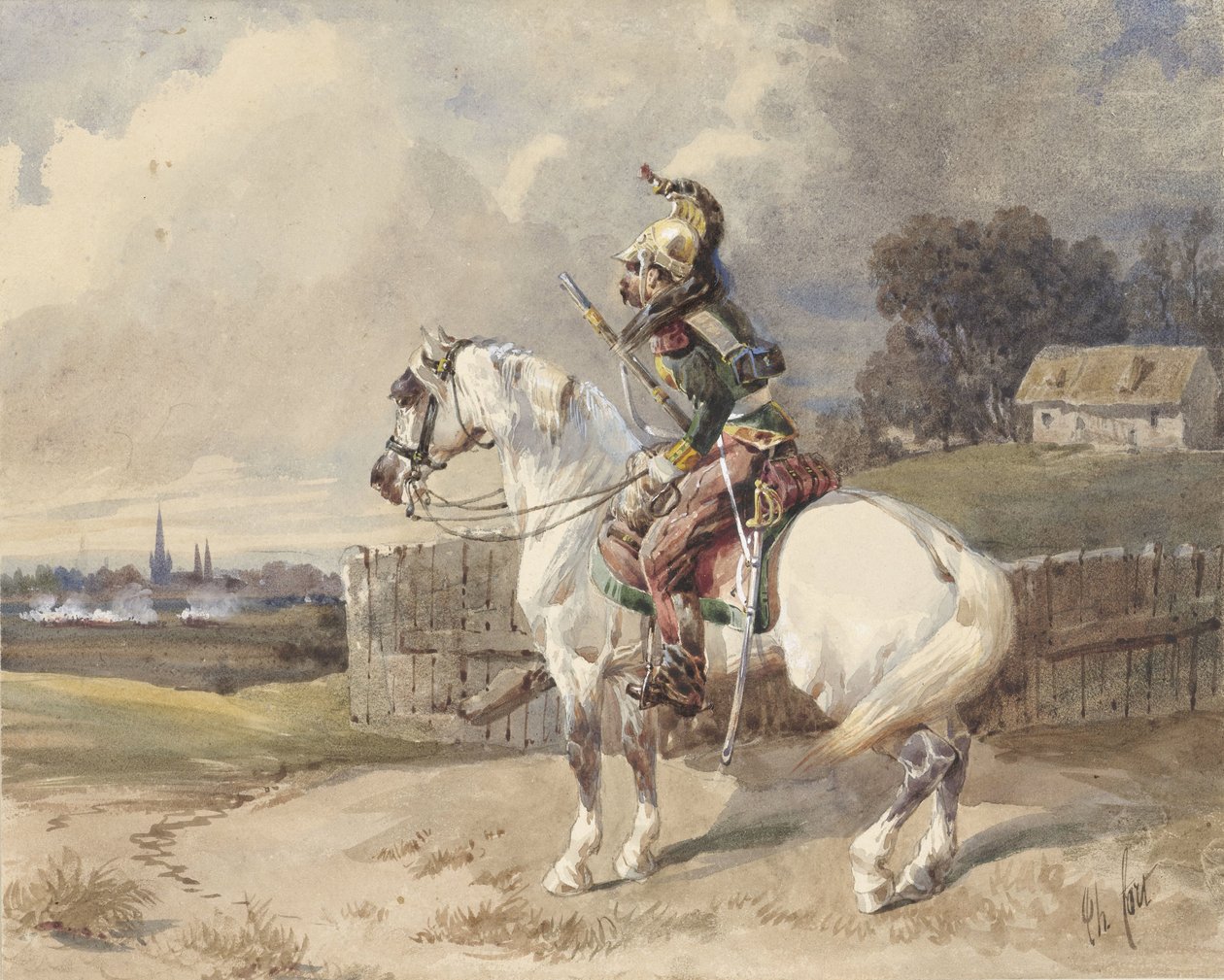 Francuski smok na białym koniu, skręcony w lewo, z profilu autorstwa Théodore Fort (signed by artist)