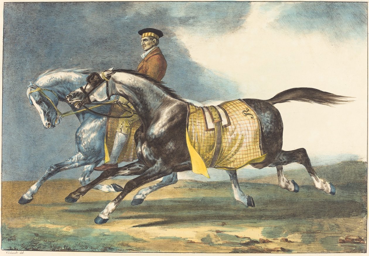 Ćwiczenie dwóch jasnoszarych koni autorstwa Théodore Gericault and Léon Cogniet