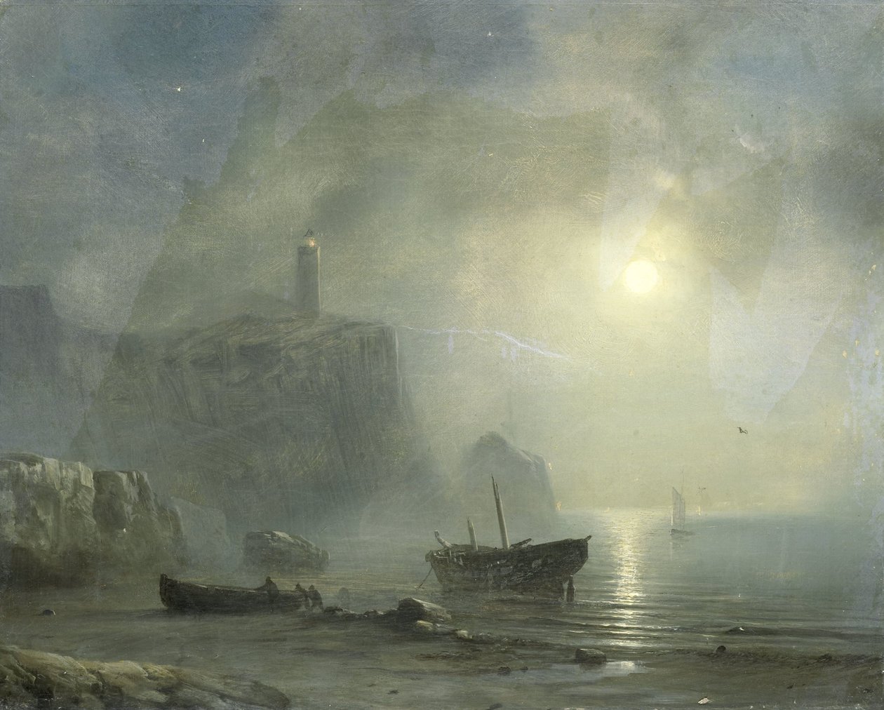 Widok na skaliste wybrzeże przy świetle księżyca autorstwa Théodore Gudin (attributed to)