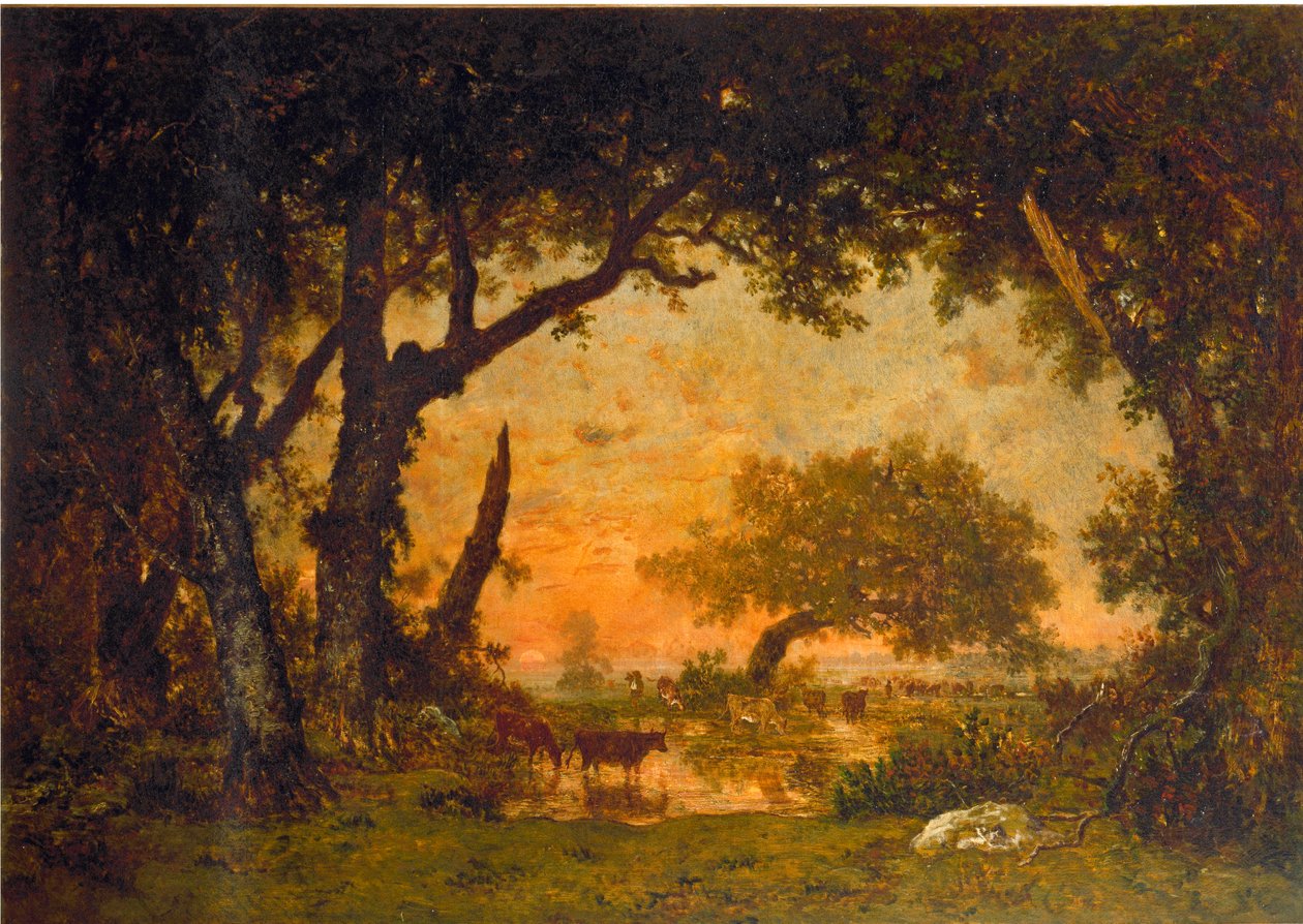 Wyjście z lasu w Fontainebleau, zachód słońca (olej na płótnie) autorstwa Pierre Etienne Theodore Rousseau
