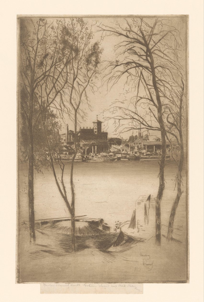 Widok na rzekę z portem i przemysłem Złotokap i Battersea autorstwa Théodore Roussel (signed by artist)