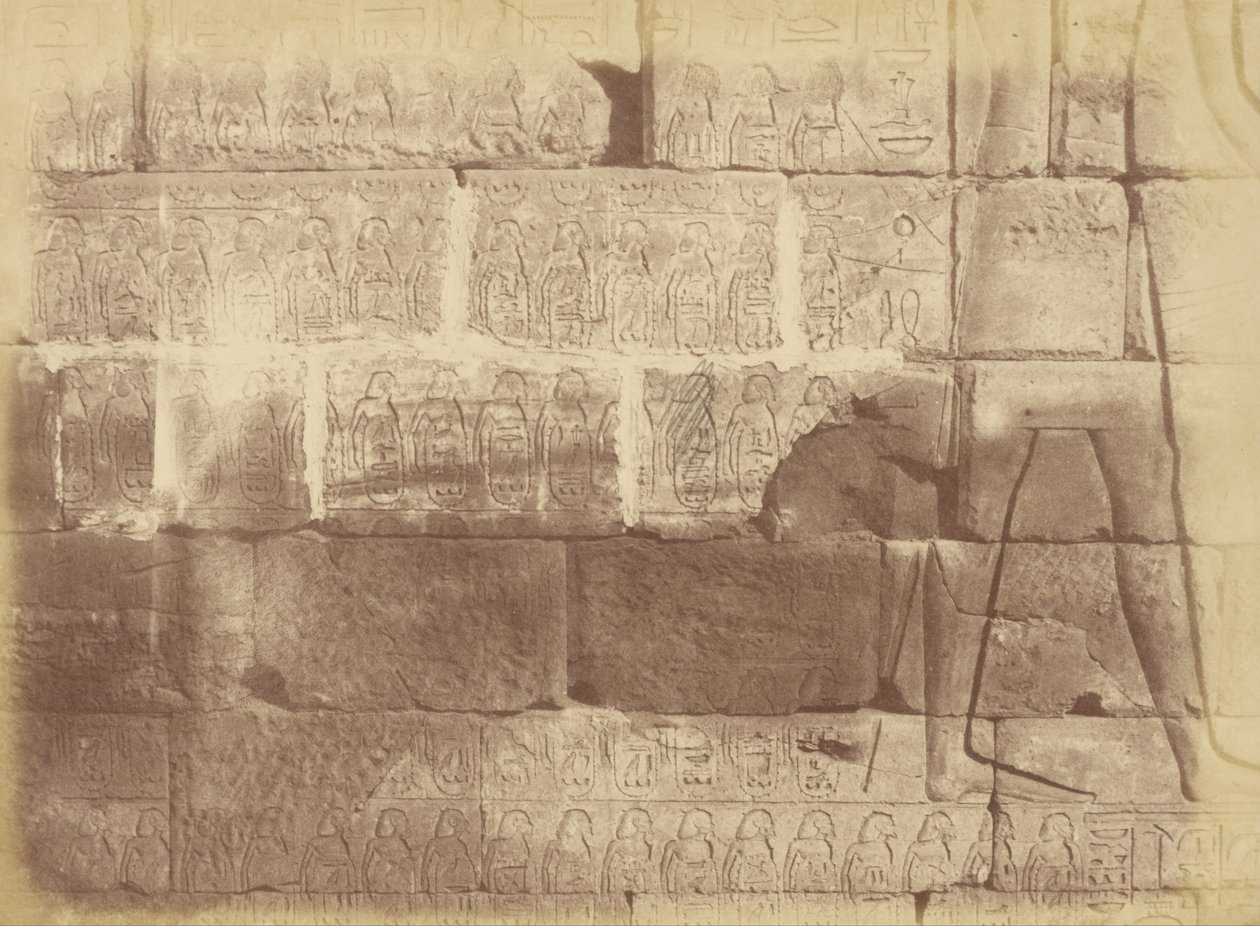 Zbliżenie na inskrypcje i rzeźby hieroglificzne (lista pokonanych narodów), Karnak autorstwa Théodule Devéria