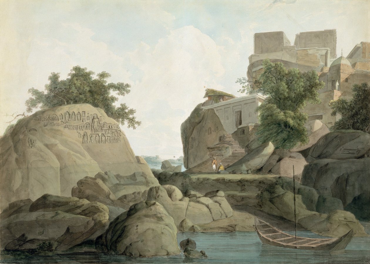 Skała Fakira w Sultanganj, nad rzeką Ganges, Indie, ok. 1790 (wc nad grafitem na papierze) autorstwa Thomas und William Daniell