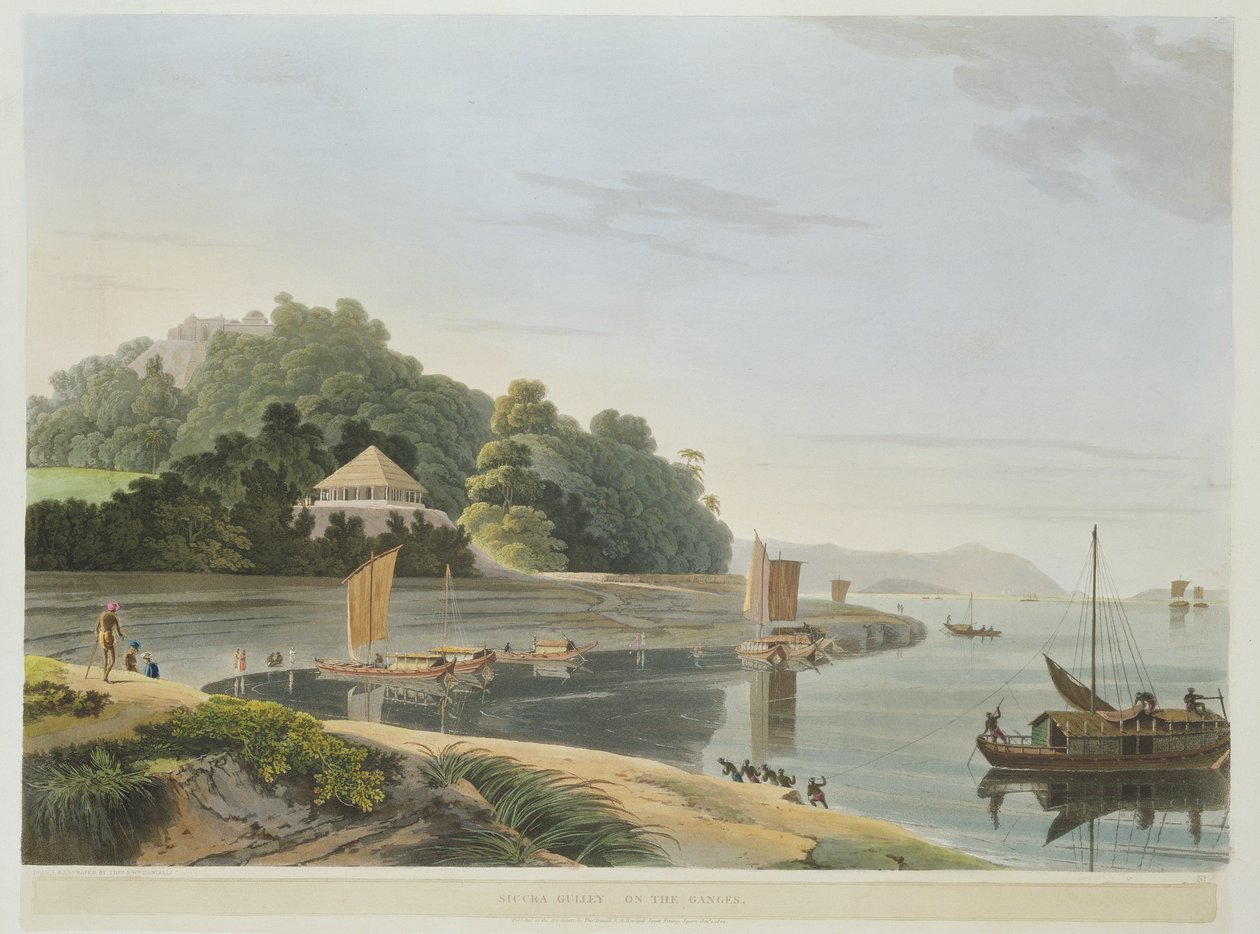Siccra Gully on the Ganges, tablica IX z części 6 "Oriental Scenery", pub. 1804 (akwatinta) autorstwa Thomas und William Daniell