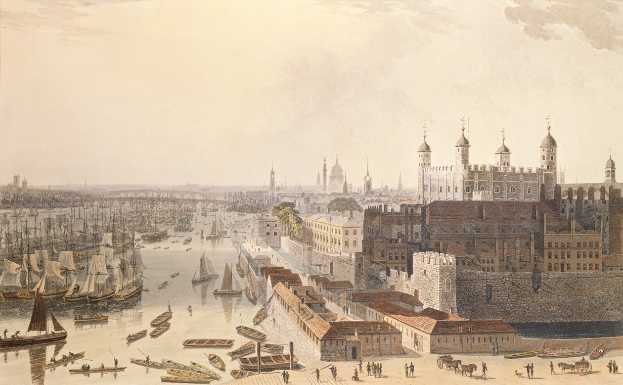 Widok na Londyn patrzący na zachód od Drogi św. Katarzyny, 1804 (kolorowa akwatinta) autorstwa Thomas und William Daniell