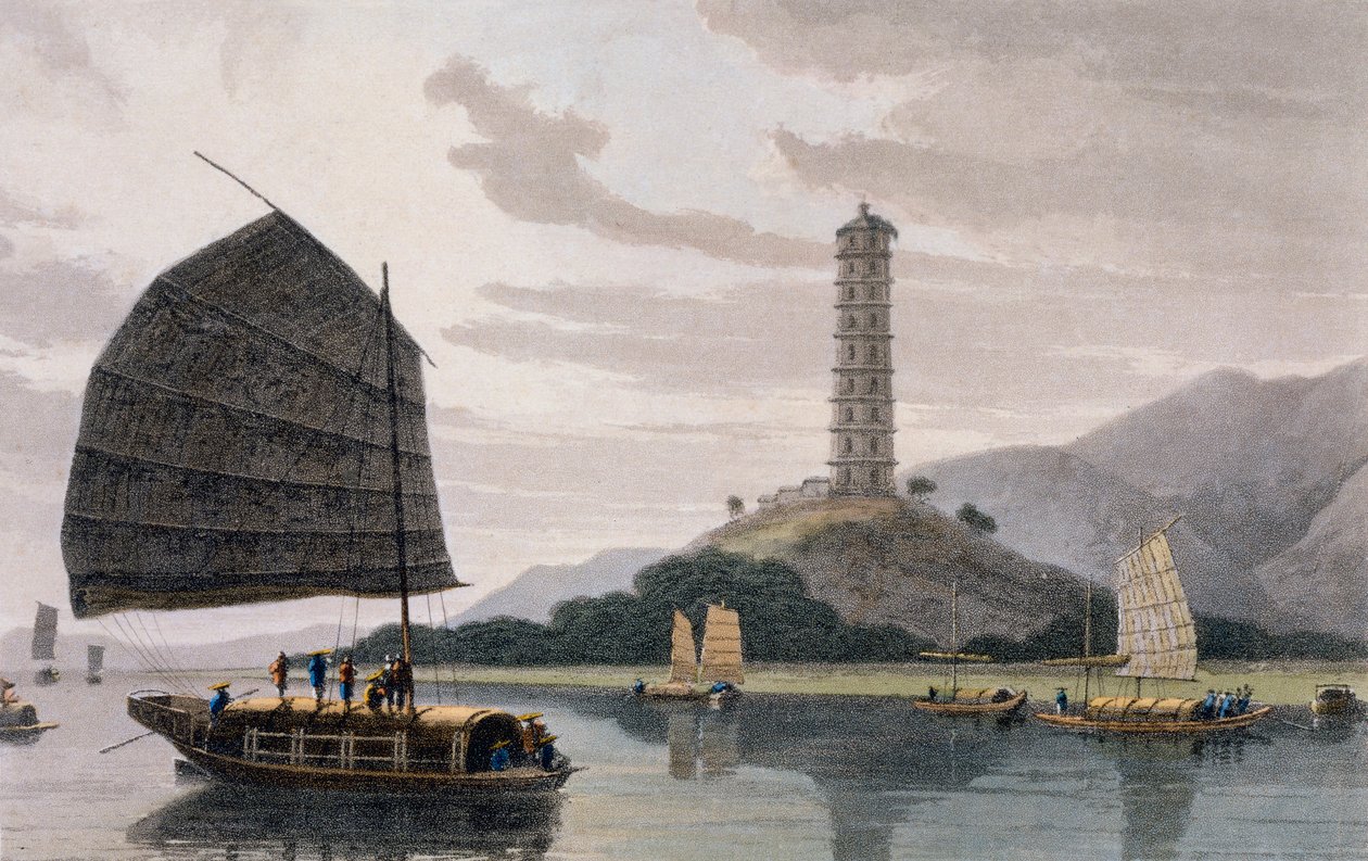 Pagoda Wham Poa, z łodziami płynącymi z przodu, z „Malowniczej podróży do Indii, drogą przez Chiny”, 1810 autorstwa Thomas und William Daniell