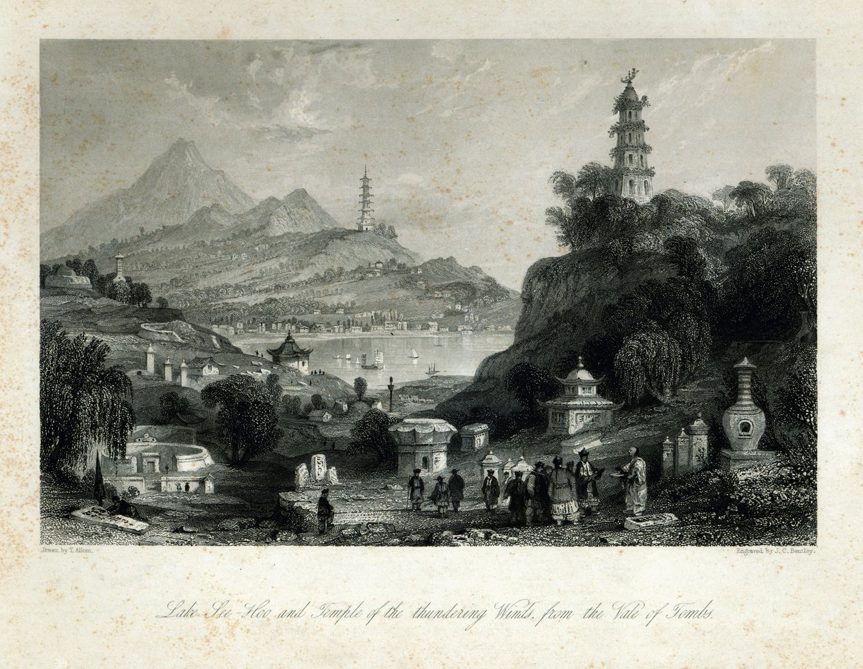 Jezioro See-Hoo i Świątynia Grzmiących Wiatrów, z Doliny Grobowców, grawerowane przez JC Bentleya, 1843 (stalowe grawerowanie) autorstwa Thomas Allom