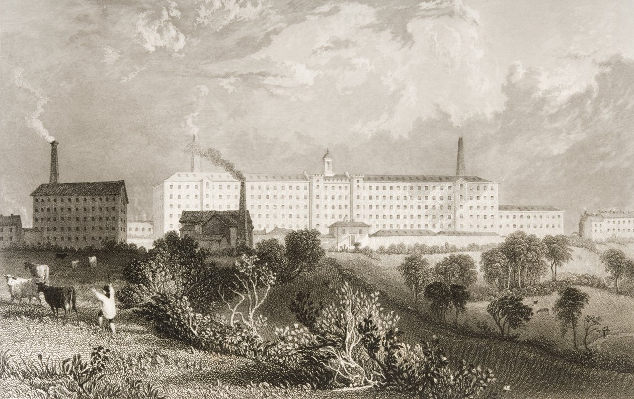 Fabryka Swainson Birley und Co. niedaleko Preston, Lancashire, grawerowana przez Jamesa Tingle