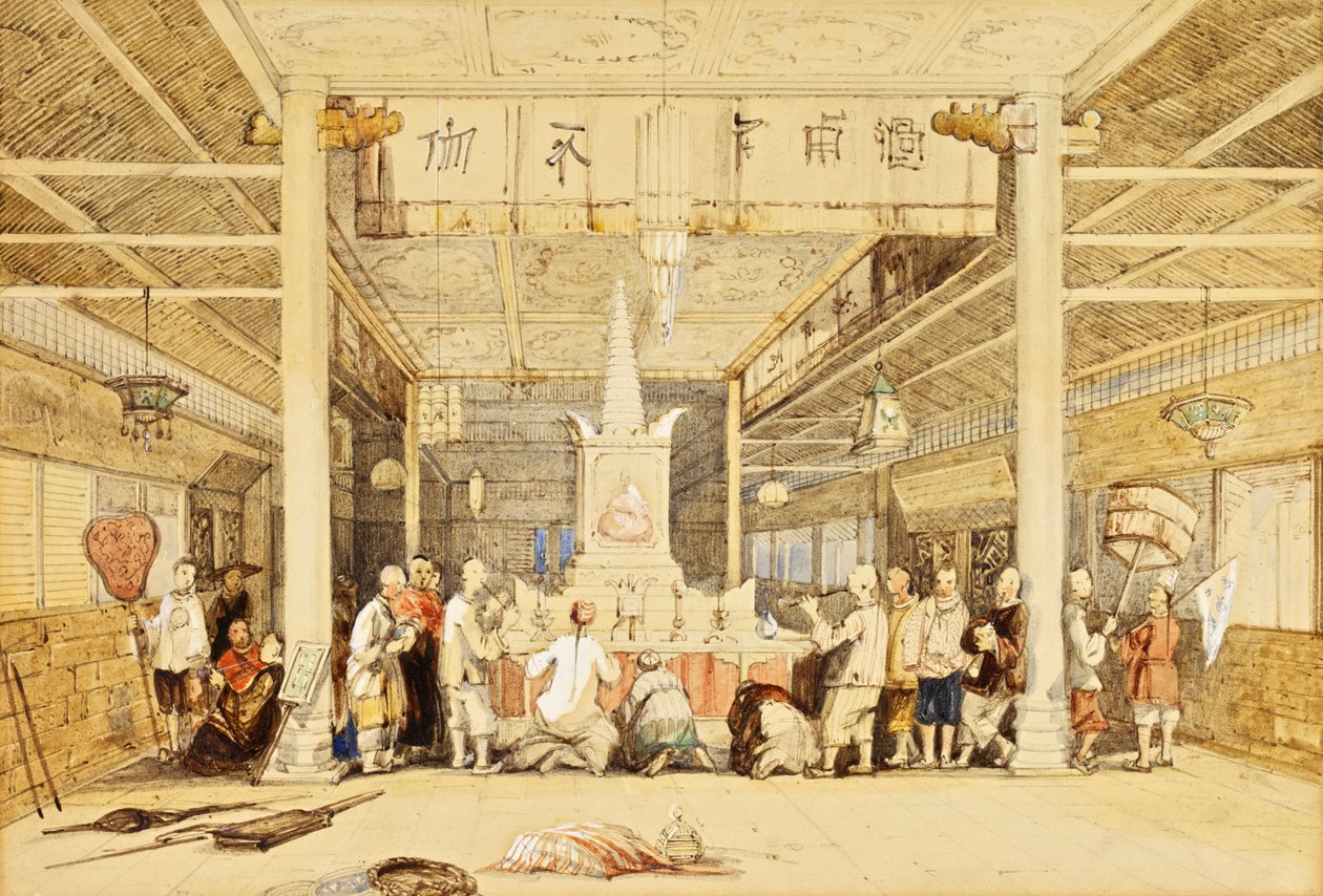 Świątynia Buddy, Kanton, ok. 1850 (pióro i atrament, ołówek, pranie, podkreślone bielą na papierze) autorstwa Thomas Allom