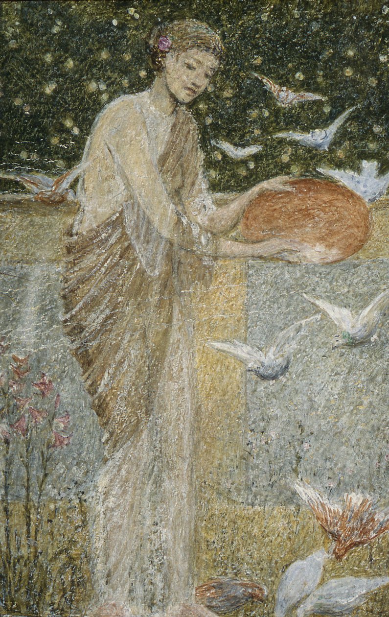Dziewczyna karmienia gołębi. Jeden z trzech szkiców do dekoracji Bank Hall, niedaleko Chapel-en-le-Frith, Derbyshire autorstwa Thomas Armstrong