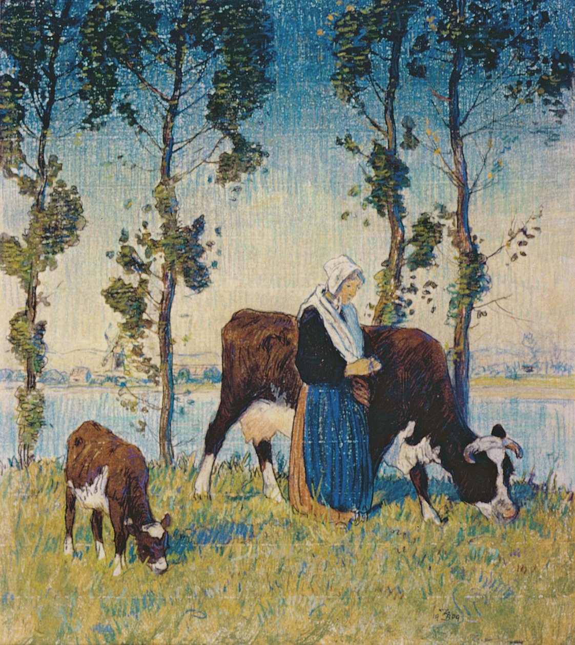 Kobieta z krową i cielęciem (pastel) autorstwa Thomas Austen Brown