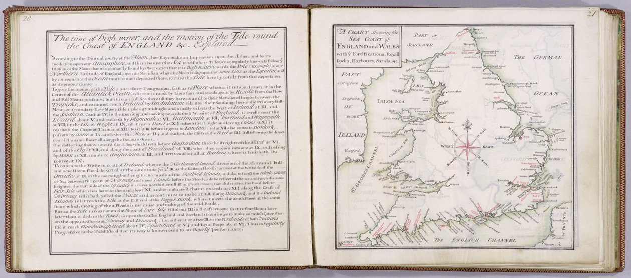 Mapa przedstawiająca wybrzeże morskie Anglii i Walii, tablica z „Kompletnego zestawu map Anglii i Walii w ogólności...”, 1724 (pióro i atrament i toaleta na papierze) autorstwa Thomas Badeslade