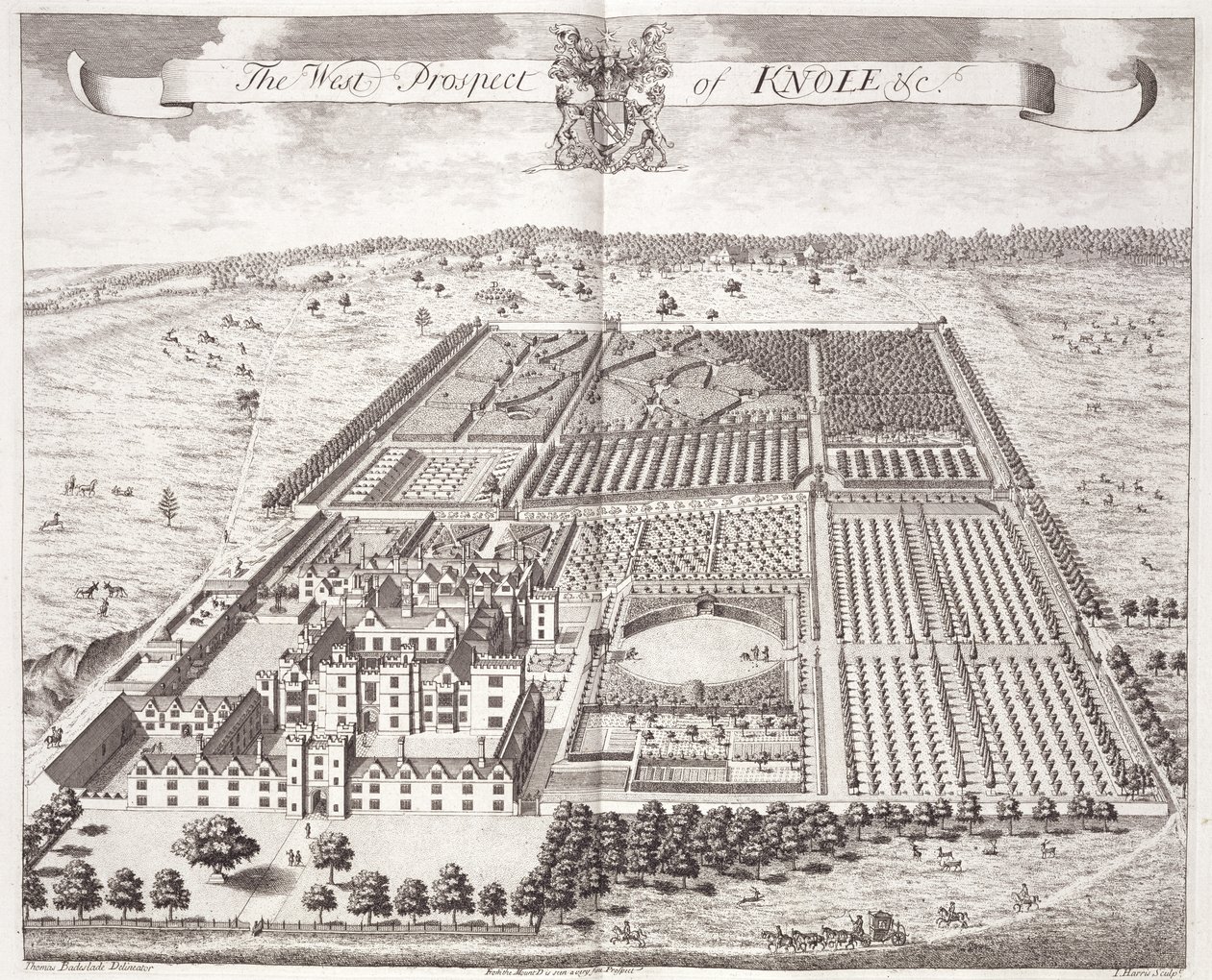 Zachodni widok na Knole, z "Trzydziestu sześciu różnych widoków siedzib szlacheckich i dżentelmeńskich w hrabstwie Kent", rytowany przez I. Kipa, ok. 1750 r. autorstwa Thomas Badeslade