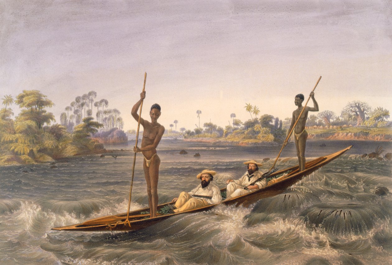 Zanjueelah, wioślarz z kaskad, z „Wodospadów Wiktorii, rzeka Zambesi”, wyd. 1865 autorstwa Thomas Baines
