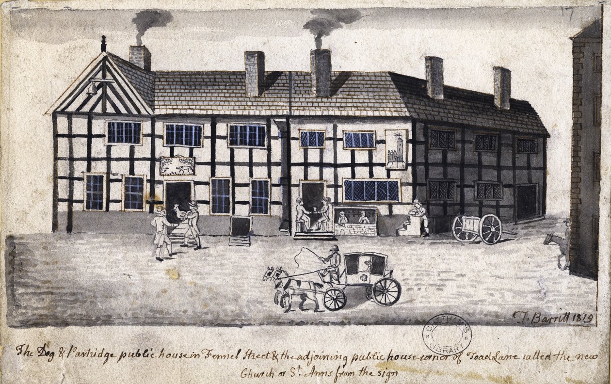 Pies i kuropatwa, Manchester, 1819 (pióro, tusz i farba na papierze) autorstwa Thomas Barritt
