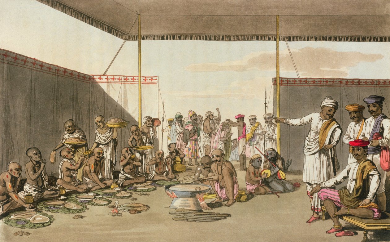 Marratta Surdar zabawiający Brahmunów, z „A Mahratta Camp”, 5 kwietnia 1813 (kolorowe grawerowanie) autorstwa Thomas Baxter
