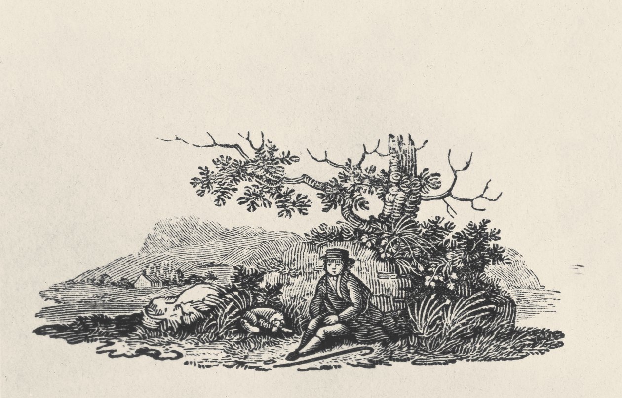 Dżentelmen pod drzewem, z książki Ptaki lądowe, publikacja 1797 (drewno) autorstwa Thomas Bewick